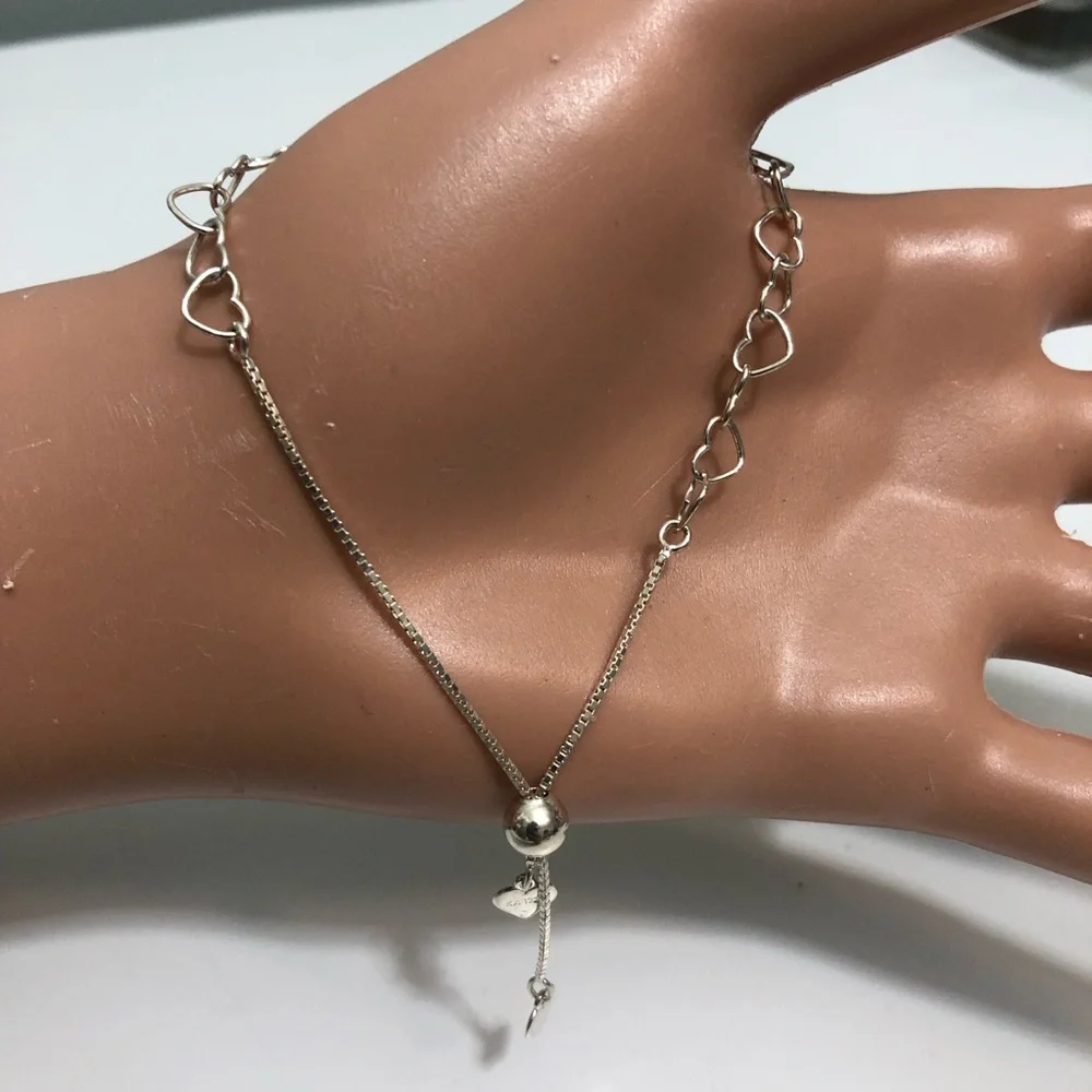 By KA 1772 Sterling Silver Open Hearts  Chain Adjust. Bolo Slide 925 Bracelet - Picture 3 of 9